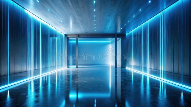 Futuristischer Korridor mit neonblauer Beleuchtung und reflektierendem Boden ein modernes architektonisches Rendering. Generative stock abbildung