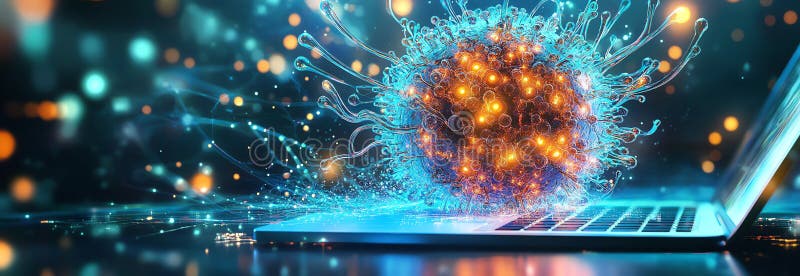 Futuristischer Laptop mit leuchtendem Virus in abstrakter digitaler Umgebung vektor abbildung