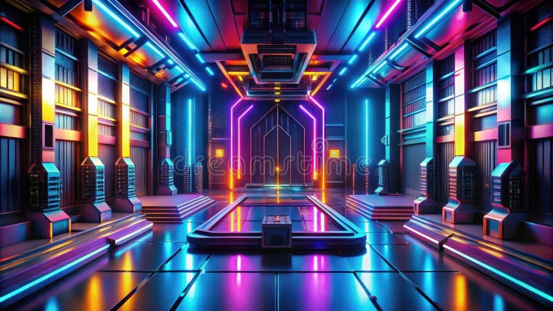 Futuristischer neonbelter Korridor mit symmetrischem architektonischem Design und lebhaften Lichteffekten. Generative AI lizenzfreie abbildung