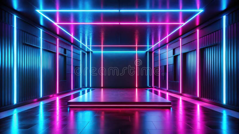 Futuristischer Neonkorridor mit hochglühenden Wänden und reflektierendem Boden, ideal für moderne Produktdarstellung oder abstrakt stock abbildung