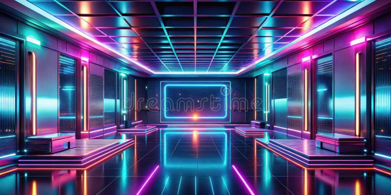 Futuristischer Neonkorridor mit lebhafter Beleuchtung und reflektierendem Boden ideal für Scifi- oder Cyberpunk-Designs. Generativ vektor abbildung