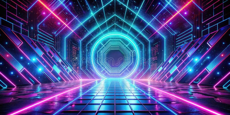 Futuristischer Neonkorridor mit leuchtenden Linien und geometrischem Portal. Generative AI vektor abbildung