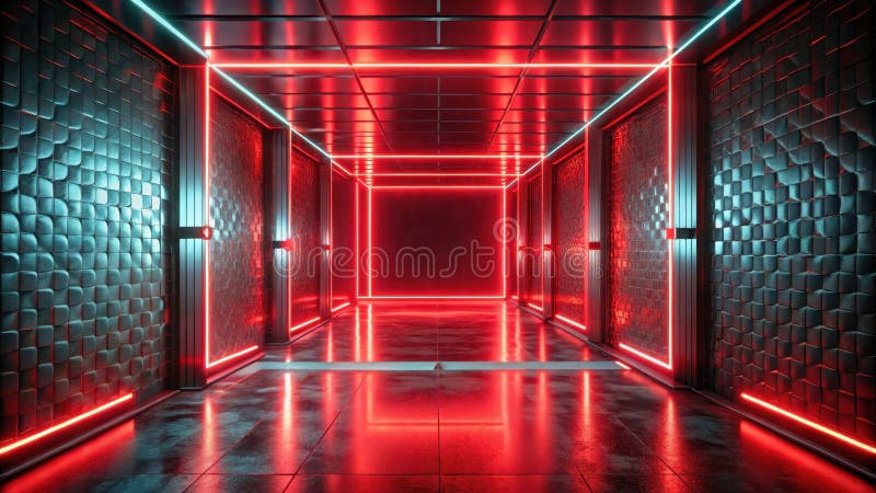 Futuristischer Neonkorridor Rot und Teal mit textilen Wänden und reflektierendem Boden. Generative AI lizenzfreie abbildung