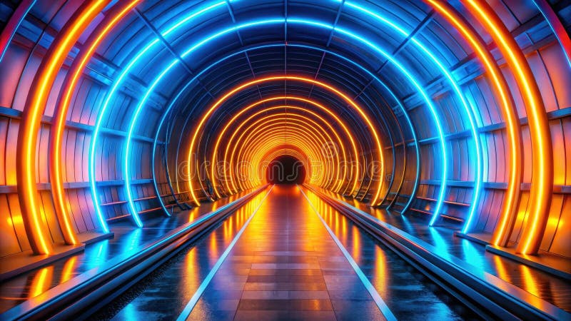 Futuristischer Neontunnel - ein lebendiger Pfad von kreisförmigen Lichtern und reflektierenden Oberflächen. Generative AI. Eine faszinierende Mischung aus Fantasie und moderner Designästhetik.