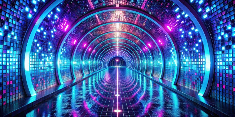 Futuristischer Neontunnel mit lebhaften pixelförmigen Wänden und reflektierendem Boden. Generative AI lizenzfreie abbildung