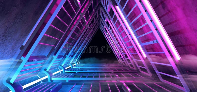 Futuristischer Rauch-Nebel-glühender purpurrotes blaues Dreieck-geformter Tunnel-Neonkorridor Sci FI mit den Metallbauten und dun vektor abbildung