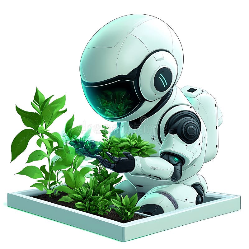 Futuristischer Roboter, der einen Garten im 2D-Cartoon-Stil bewässert vektor abbildung