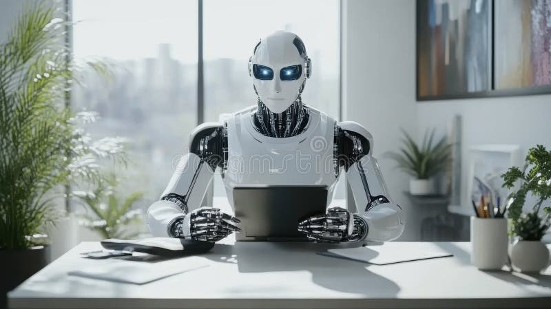 Futuristischer Roboter sitzt am Schreibtisch mit Tablett im modernen Büro mit natürlichem Licht und Grün im Hintergrund stock abbildung