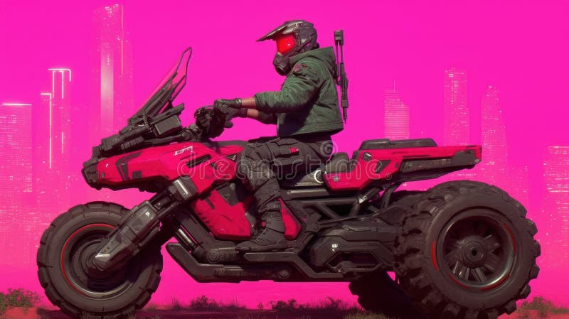 Futuristischer rosafarbener Motorradfahrer in Cyberpunk City Sci Fi Vehicle and Urban Setting vektor abbildung
