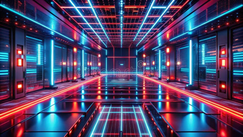 Futuristischer Serverraum-Korridor mit lebhafter Neonbeleuchtung und reflektierendem Boden. Generative AI lizenzfreie abbildung