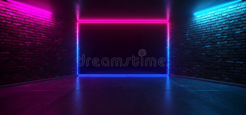 Futuristischer Tanz-Verein-glühender purpurrotes blaues Rosa-Retro- eleganter leerer Stadiums-Neonraum mit reflektierender Schmut stock abbildung