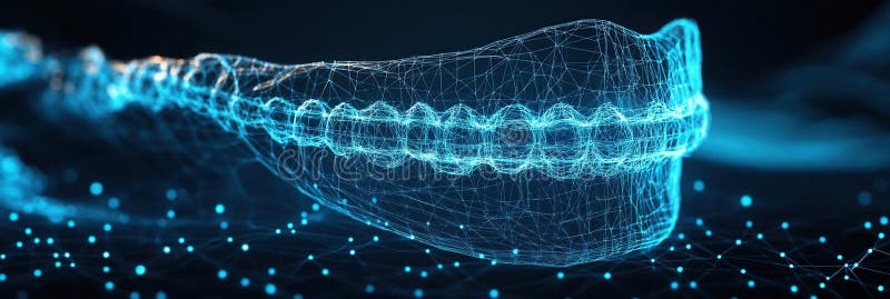 Futuristisches 3D-Weitrahmen-Dentalbogenmodell mit blass-schwarzen Klammern in leuchtenden Linien und modernem Design stockbilder