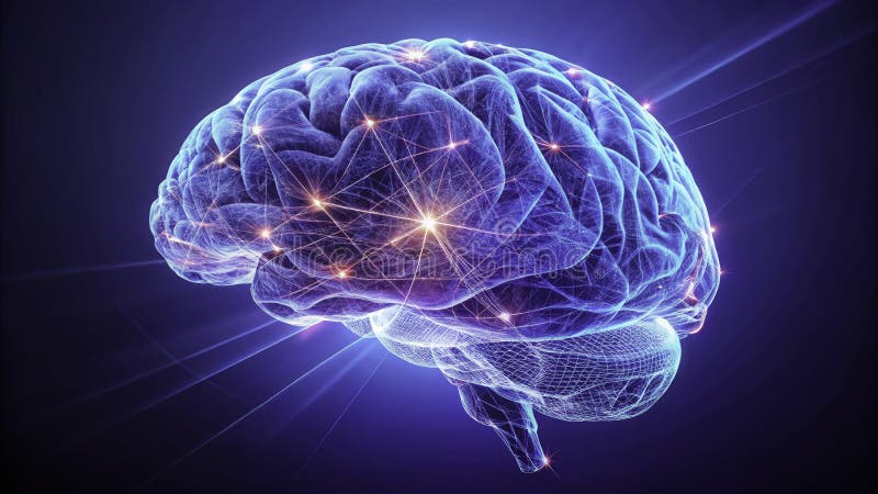 Futuristisches 3D-Wireframe-Gehirnmodell, das neuronales Netzwerk auf blauem Hintergrund generiert und Technologie generiert stock abbildung
