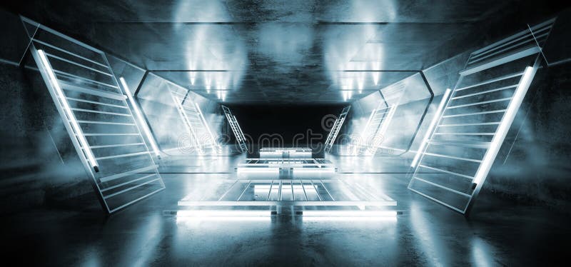 Futuristisches Film- Glühender Reflektierender Schmutz-konkreter Tunnel  Bau-Metall-Mesh Spaceship Virtual White Blues Sci FI Stock Abbildung -  Illustration von perspektive, flur: 151943064