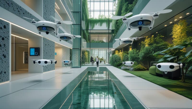 Futuristisches Firmenatrium mit fliegenden Drohnen und robotischen Rasenmähern, die durch einen nachhaltigen Arbeitsplatz navigier lizenzfreie abbildung