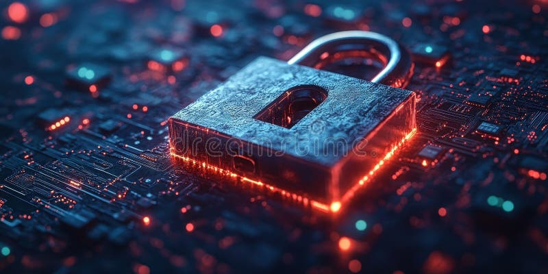Futuristisches Informationssicherheitskonzept digitale Schleuse-Glühschaltungen Datensicherung Cybersicherheit. Futuristisches Informationssicherheitskonzept Digitale Schleuse Glühen Schaltkreise Datenschutz Cyber Security Hightech und fortgeschrittene elektronische Design Ästhetik generative AI Illustration AI generiert