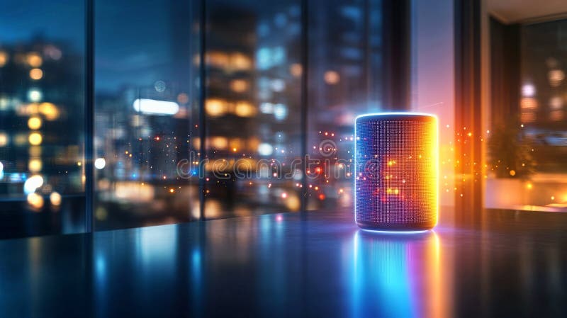 Futuristisches intelligentes Zuhause mit fortschrittlicher stimmgesteuerter Technologie, nachts beleuchtet stockbilder