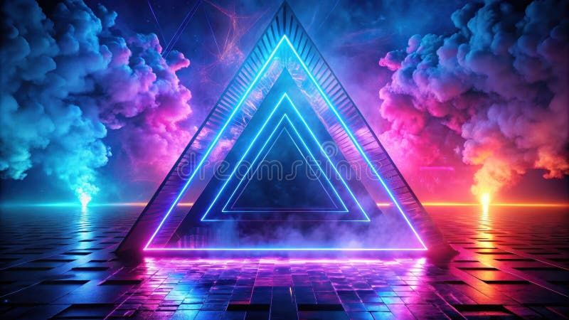 Futuristisches Neontriangle Gateway mit dynamischen Rauchwolken und reflektierender Oberfläche. Generative AI stock abbildung
