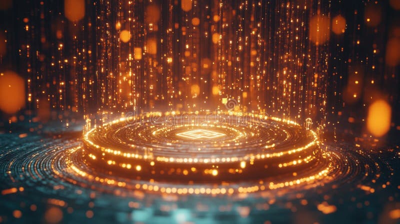 Futuristisches Podium mit goldenem Datenstrom in Visualisierung der Cybersicherheit vektor abbildung