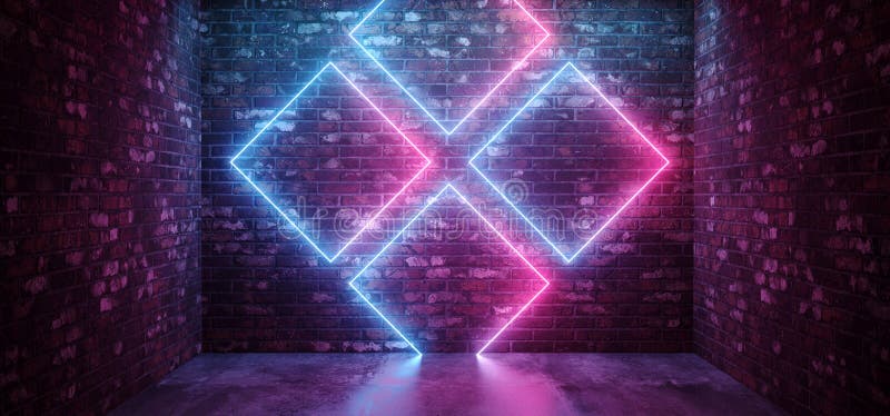 Futuristisches Retro- modernes elegantes abstraktes Rechteck Sci FI kreuzte Neonform-glühendes purpurrotes blaues Rosa auf Schmut stock abbildung