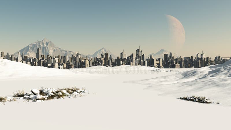 View towards a futuristic sci-fi city covered by winter snow, 3d digitally rendered illustration. View towards a futuristic sci-fi city covered by winter snow, 3d digitally rendered illustration