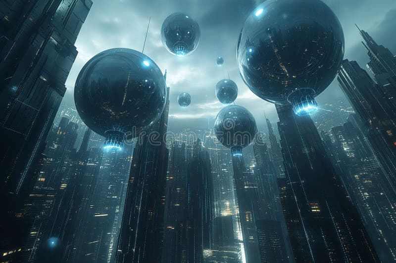 Futuristisches Stadtbild mit kugelförmigen technischen Gadgets inmitten von hohen Wolkenkratzern moderner urbaner Architektur lizenzfreies stockbild