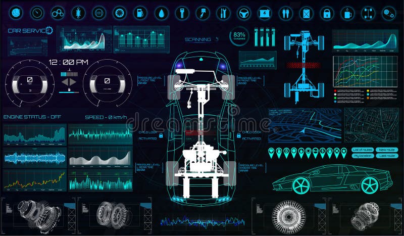 Futuristisk användargränssnitt Bil tjänste- HUD royaltyfri illustrationer