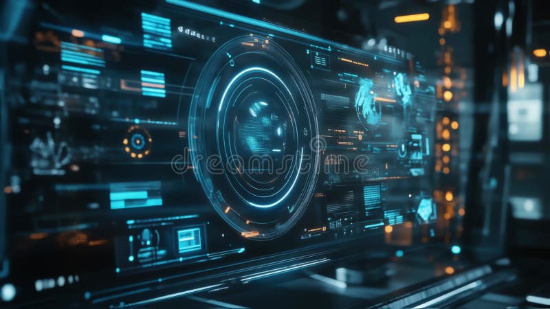 Futuristisk bildskärm som visar global dataanalys och bearbetningsinformation vektor illustrationer