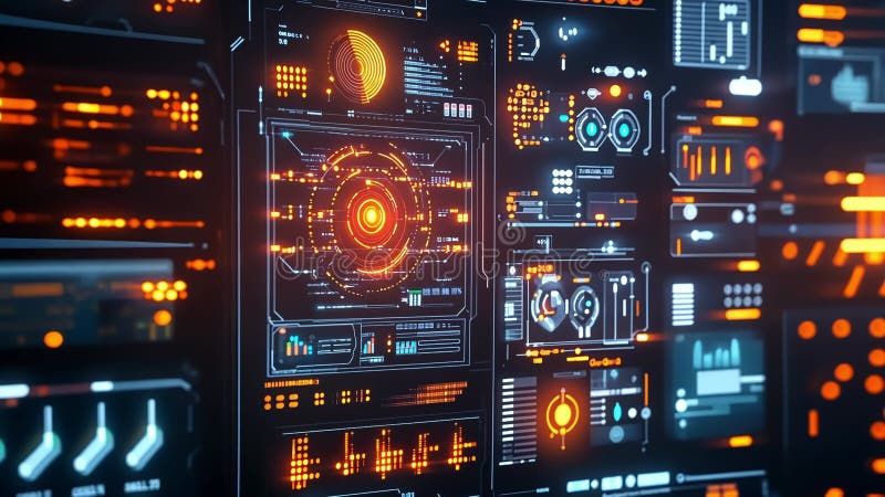Futuristisk bildskärm som visar komplex dataanalys och bearbetningsinformation stock illustrationer