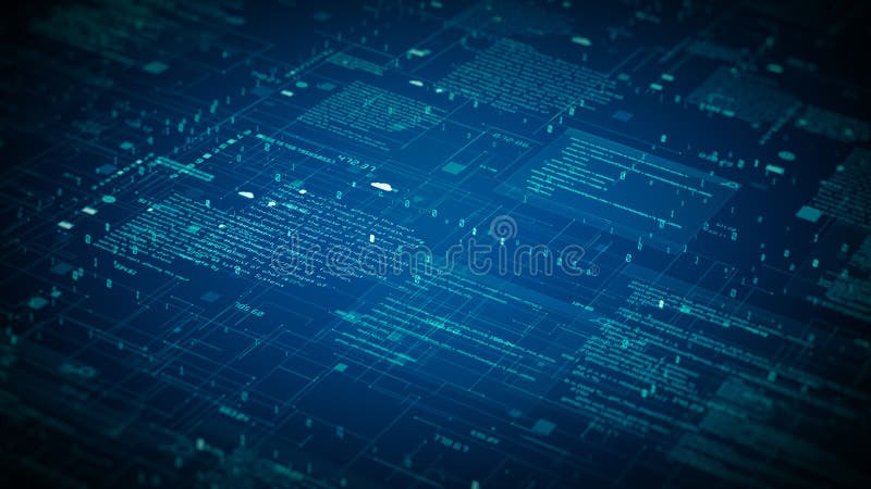 Futuristisk blå digital dataflödesbakgrund med sammanlänkad nättext och grafiska element för teknik och innovation royaltyfri illustrationer