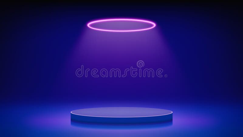 Futuristisk blå scenpodium. blått rum med runt podium pedestal belyst med cirkulär magenta, neon-ledad halo. bakgrund för royaltyfri illustrationer