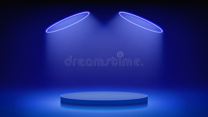 Futuristisk blå scenpodium. blått rum med runt podium pedestal belyst med cirkulärt, neonat halo. bakgrund för royaltyfri illustrationer