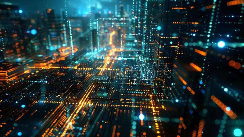 Futuristisk cityscape nattbadad i vibrerande ljusmatris, färgstarka lampor för skyskrapor mindre byggnader som glöms bort mitt i royaltyfri bild