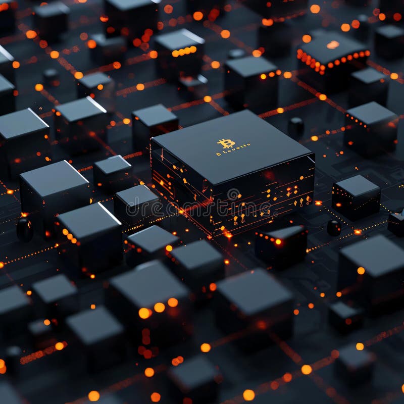 Futuristisk citysthykväll med kubikliknande byggnader som ger orange anslutningar framstående Bitcoin-logotyp symboliserar fotografering för bildbyråer