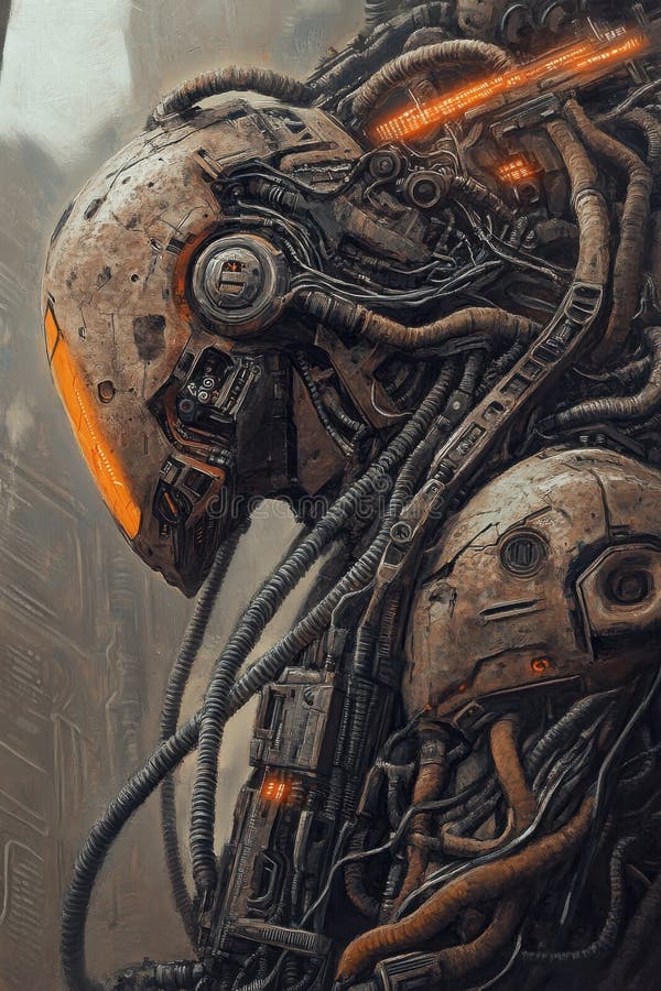 Futuristisk cybernetisk robot med glödande orange ljus och intrikata mekaniska detaljer royaltyfri illustrationer