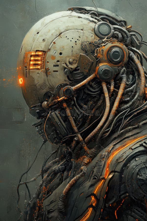 Futuristisk cybernetisk robot med invecklade mekaniska detaljer och glödande orange högdagrar royaltyfri illustrationer