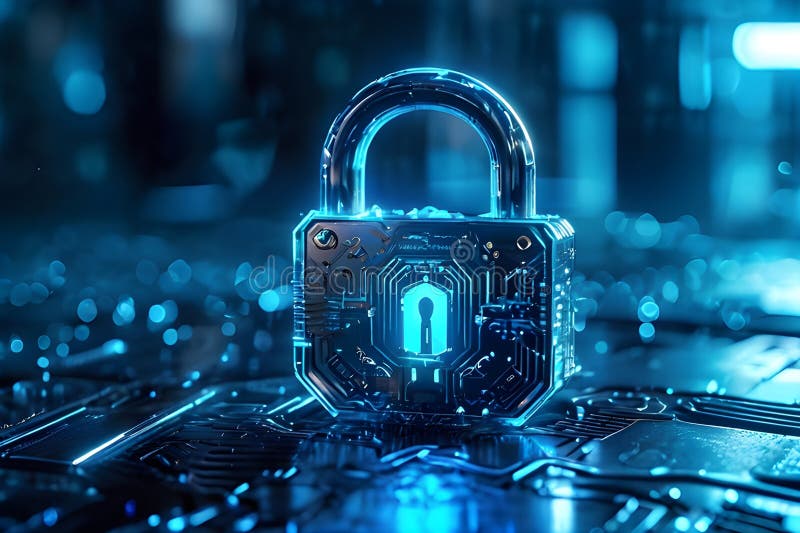 Futuristisk cybersäkerhetspadlock på blå digital kretsarea. generativ ai stock illustrationer