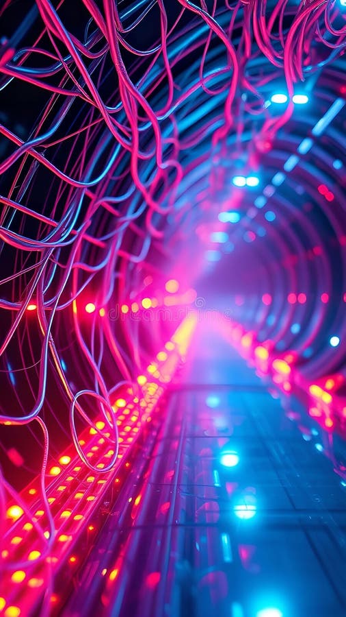 Futuristisk cybertunnel : Abstrakt kabeltunnel i 8 000 UltraHD stock illustrationer