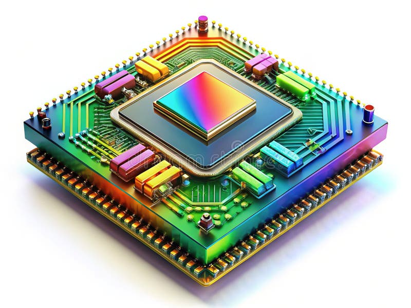 Futuristisk 3D-renderare av en processor för mikrochips Utforska de avancerade funktionerna i AI och databehandling i ett nätverk royaltyfri illustrationer
