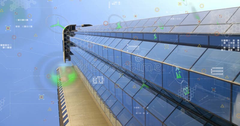 Futuristisk digital dataanimering över det moderna skyskrapan i glas mot blå himmel lager videofilmer