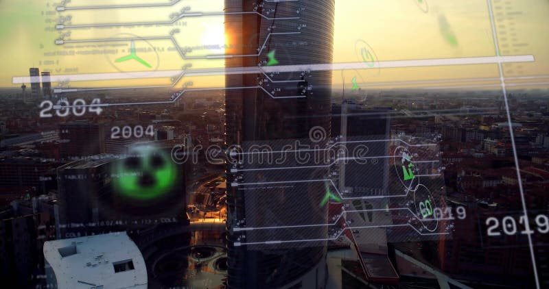 Futuristisk digital gränssnittanimering över cityscape med skyskrapa vid solnedgång arkivfilmer