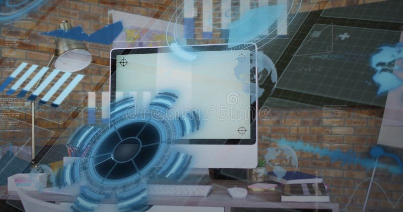 Futuristisk digital gränssnittanimering över datorskärm i modern kontorsinställning lager videofilmer