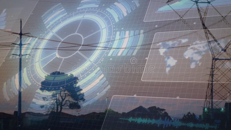 Futuristisk digital gränssnittanimering över landskapet med kraftledningar och träd lager videofilmer