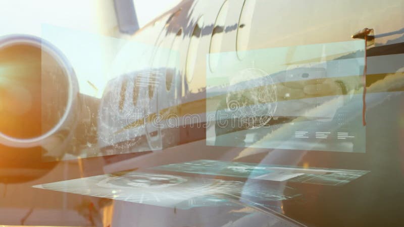 Futuristisk digital gränssnittanimering över privata jeters yttre i solljus lager videofilmer