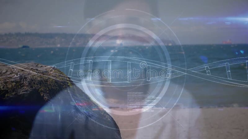 Futuristisk digital gränssnittanimering över strandscen med hav och berg lager videofilmer