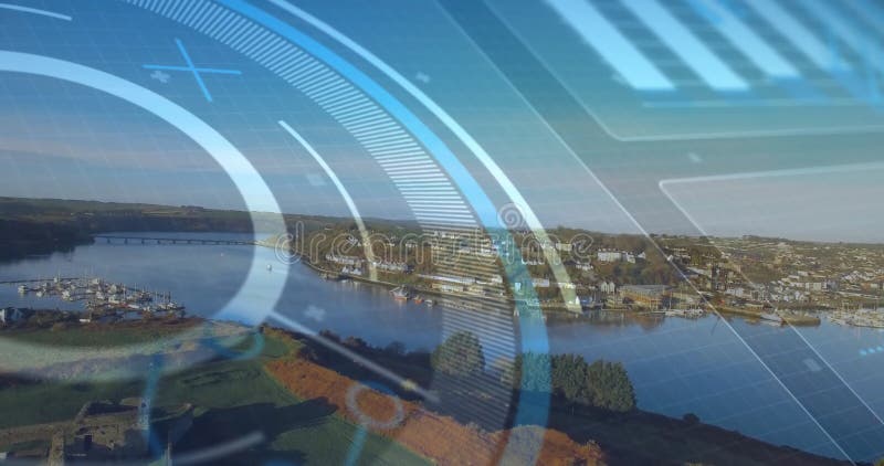 Futuristisk digital gränssnittsanimering över flod- och stadsytan stock video