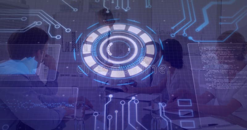 Futuristisk digital gränssnittsanimering över människor som samarbetar i det moderna kontoret arkivfilmer
