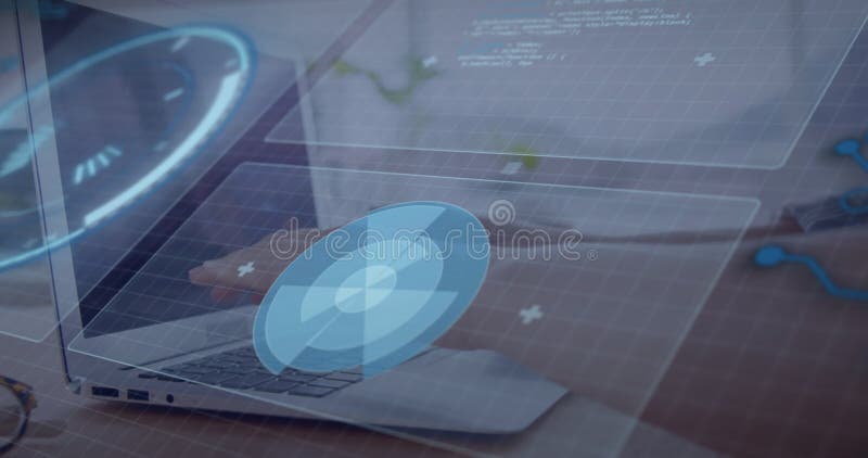 Futuristisk digital gränssnittsanimering över person med bärbar dator vid skrivbordet stock video