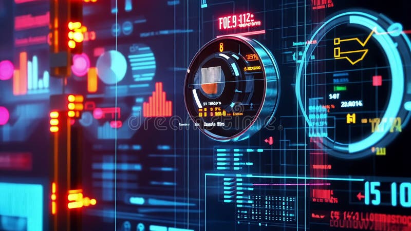 Futuristisk förstahandsskärm som visar realtidsdataanalys och prestandamätningar royaltyfri illustrationer