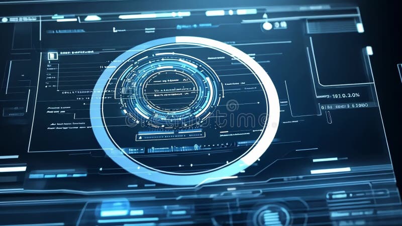 Futuristisk förstahandsskärm som visar roterande avsökningsindikator och dataanalysdiagram royaltyfri illustrationer